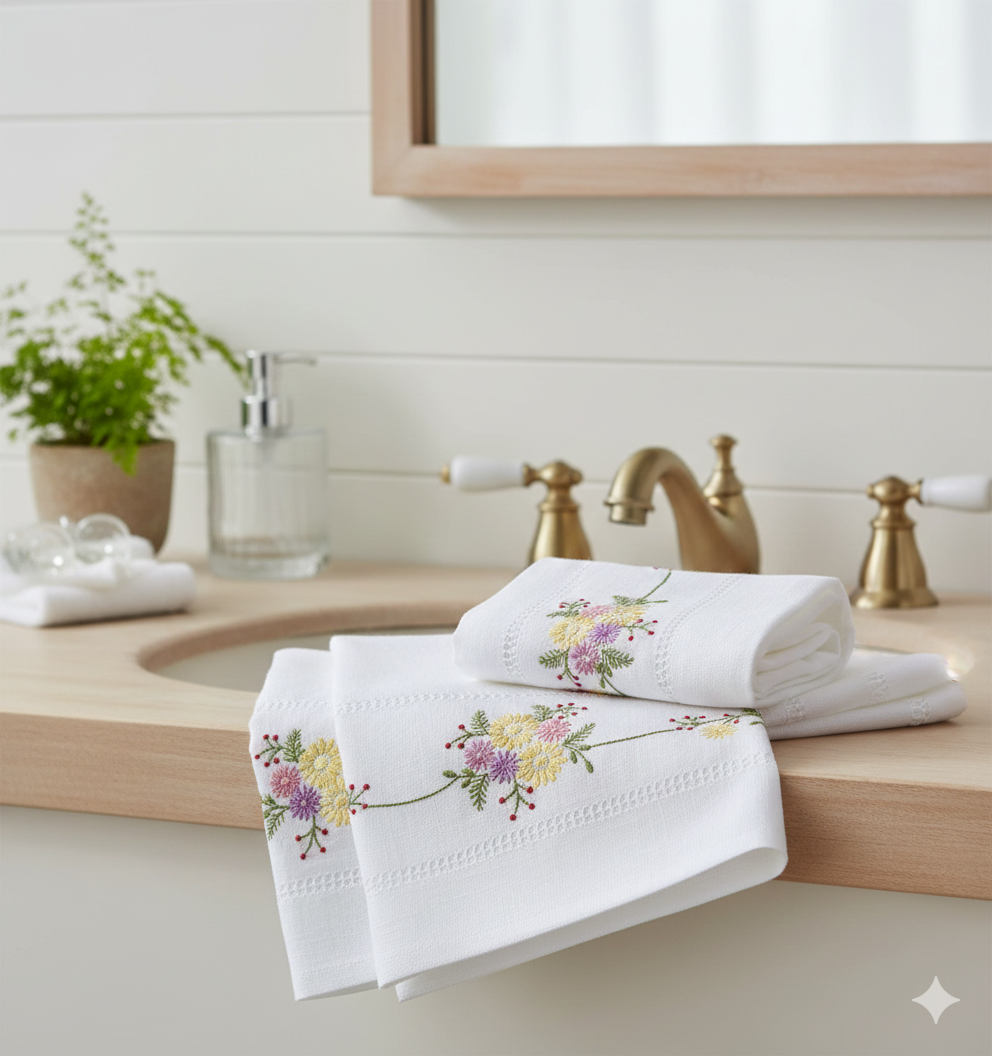 Coppia asciugamani lino ricamo colorato ART. 524