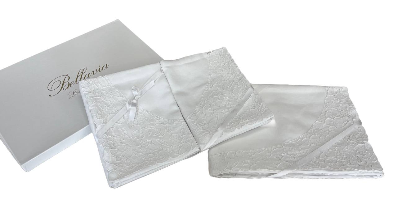 Coordinato lenzuola + copriletto matrimoniale in lino ricamo e intaglio ART: 901 bianco